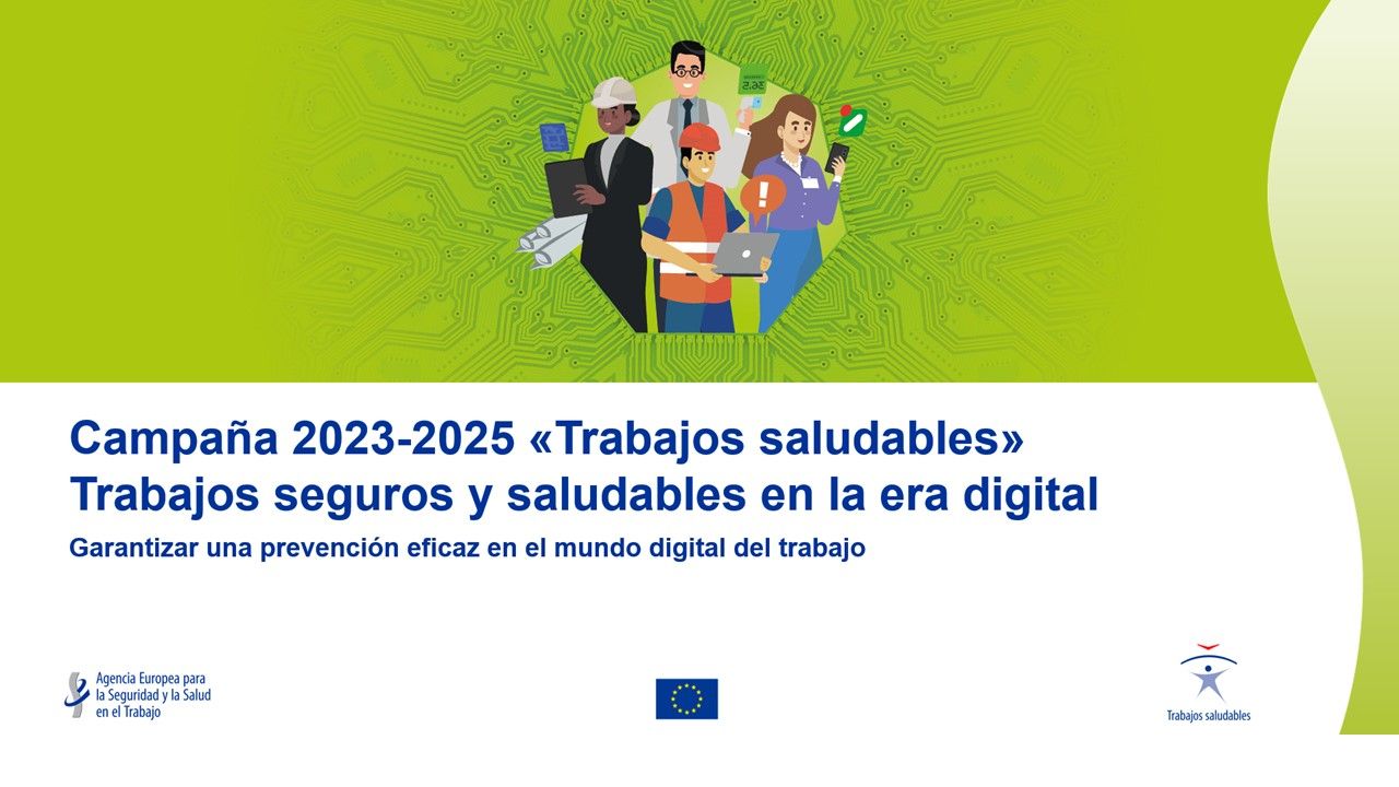 cartel de la campaña europea 2023-2025 Trabajos saludables sobre prevención eficaz en entornos laborales digitales